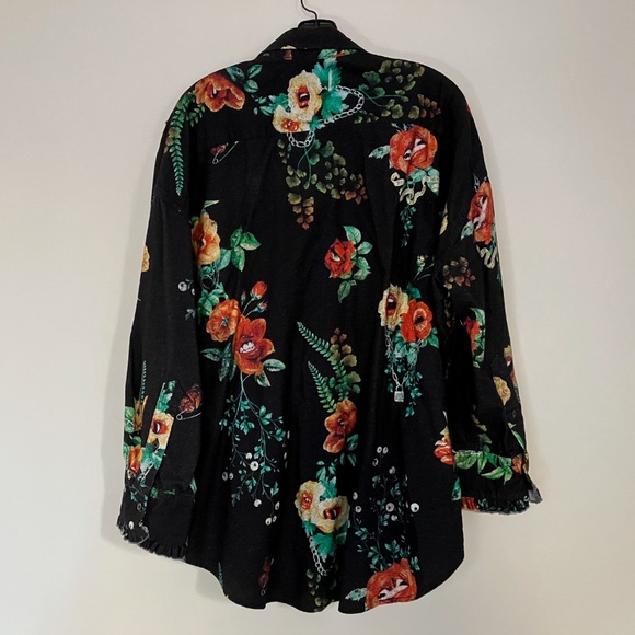 R13 Oversize Black Floral Flannel Drop Neck Tuxedo Shirt Oversized One Size - Picture 2 of 10